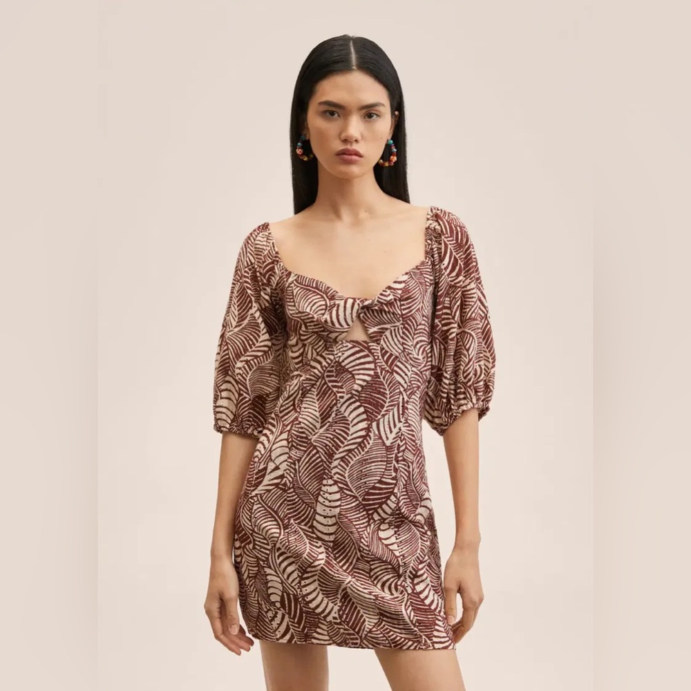 Mango Leaf-Print Mini Dress in Burgundy and Cream
